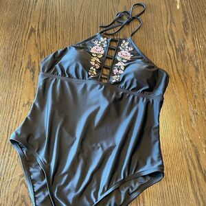 Mossimo black floral high neck one piece swimsuit, XL